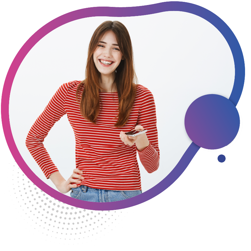 A woman holding a smartphone, smiling as she looks at the screen, symbolizing instant and reliable eSIM 5G connectivity.