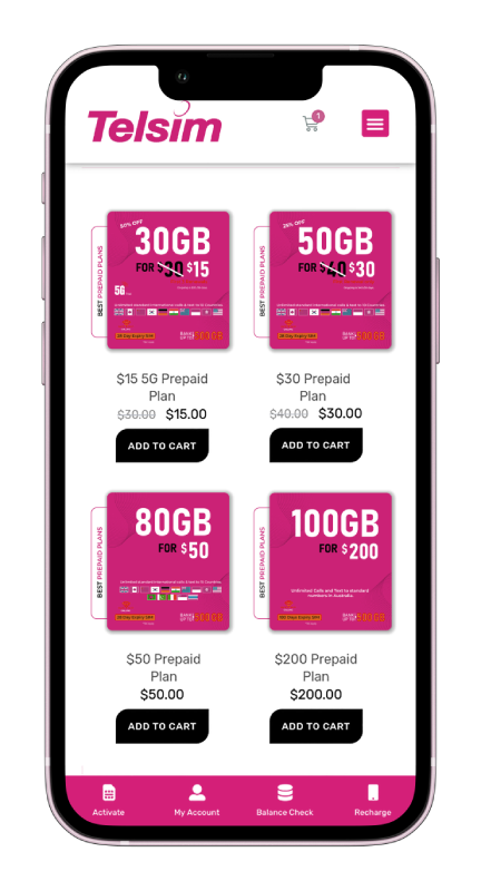 A view of prepaid eSIM Australia plans by Telsim online eSIM Australia Prepaid Plans on mobile screen.