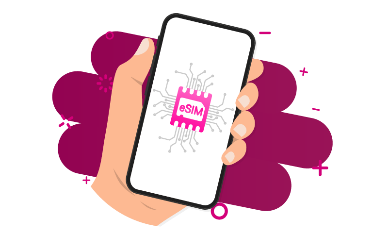 A hand holds a smartphone displaying a eSIM  against a vibrant abstract background.
