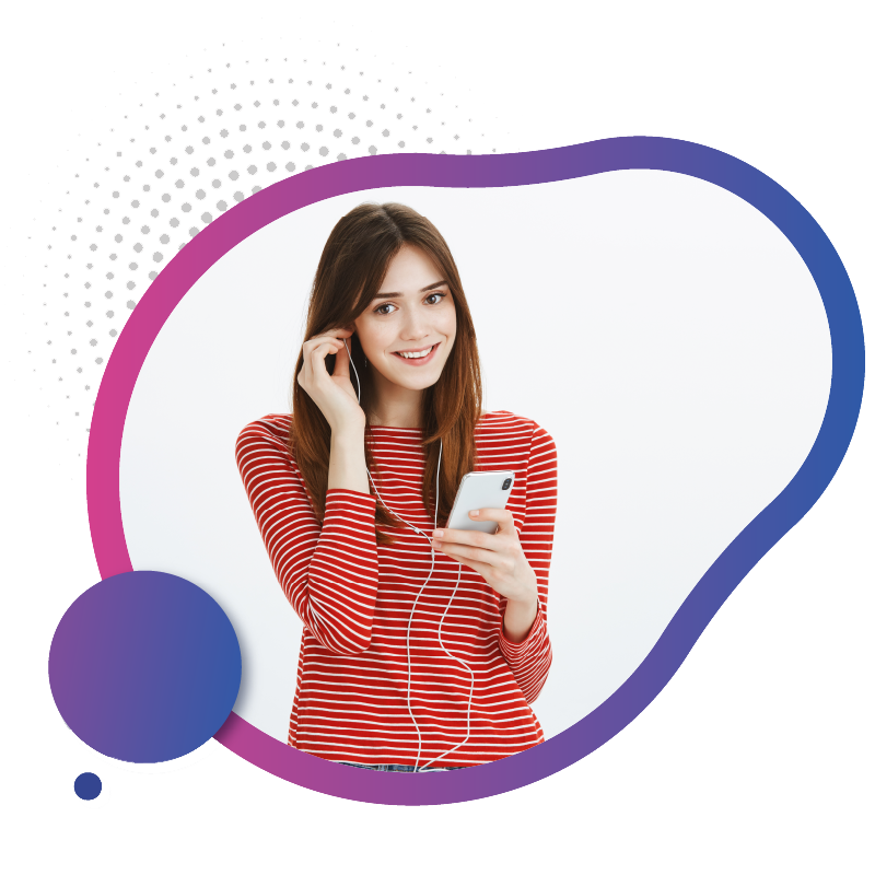 A woman with earbuds, happily using her smartphone to listen to music while sitting comfortably symbolizing the next-generation eSIM Australia.