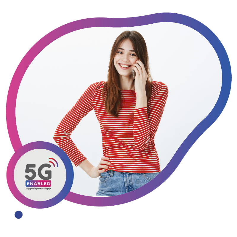 A woman engaged in a phone call, with the 5G logo in the background, representing the top eSIM choice for travelers in Australia.